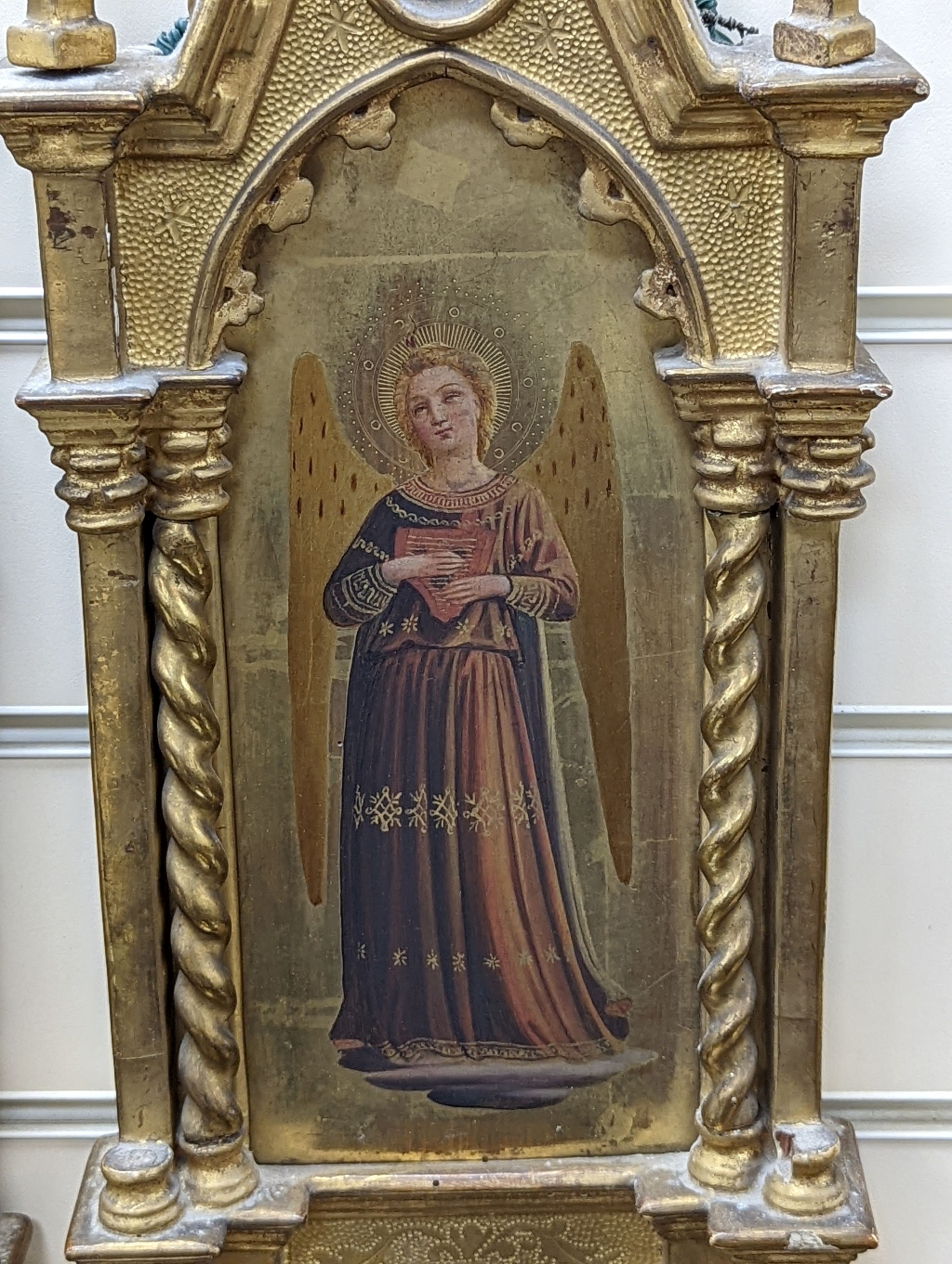 19th Century Florentine School, pair of oils on gilt panels, Seraphim, overall 47 x 20cm.